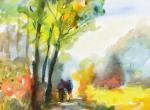 Promeneurs en Anjou Aquarelle 60 x 45