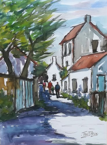 Promeneurs a Noirmoutier Aquarelle 63 x 47